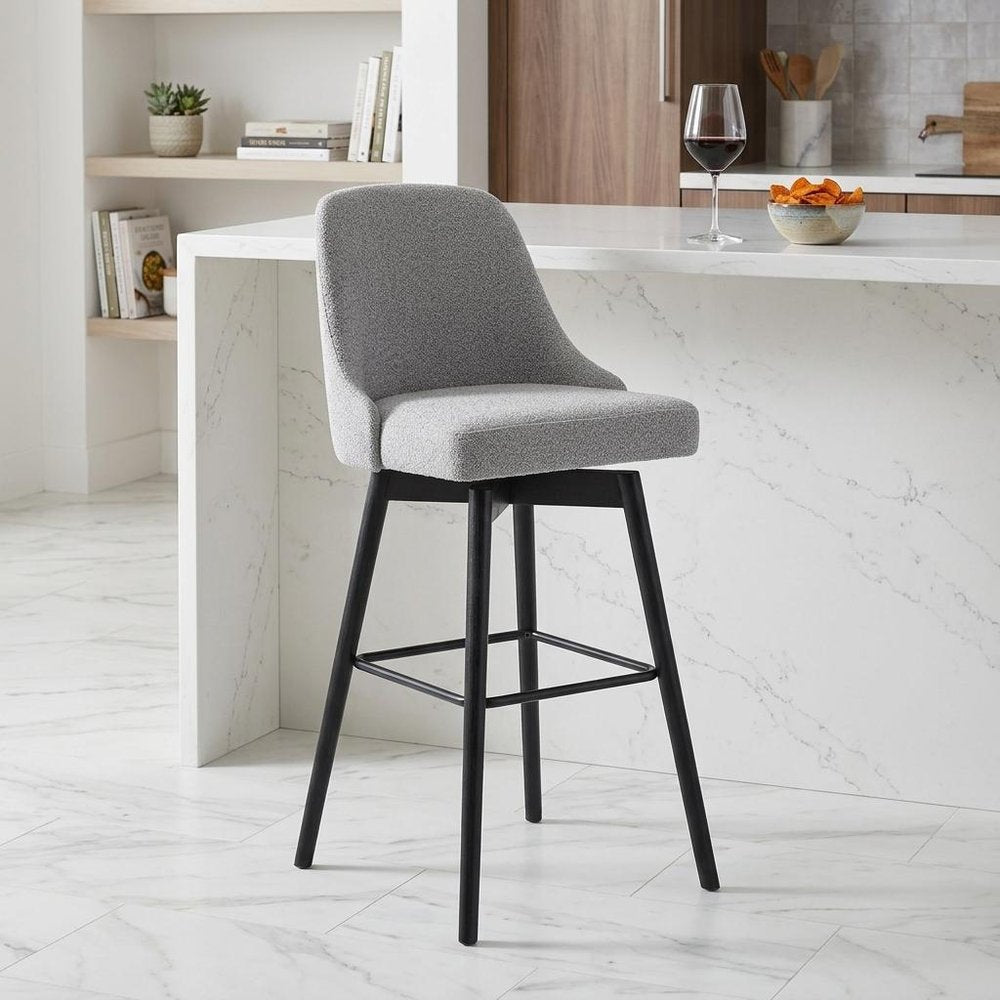 26" Light Gray and Black Fabric with Solid Wood Swivel Counter Height Bar Chair