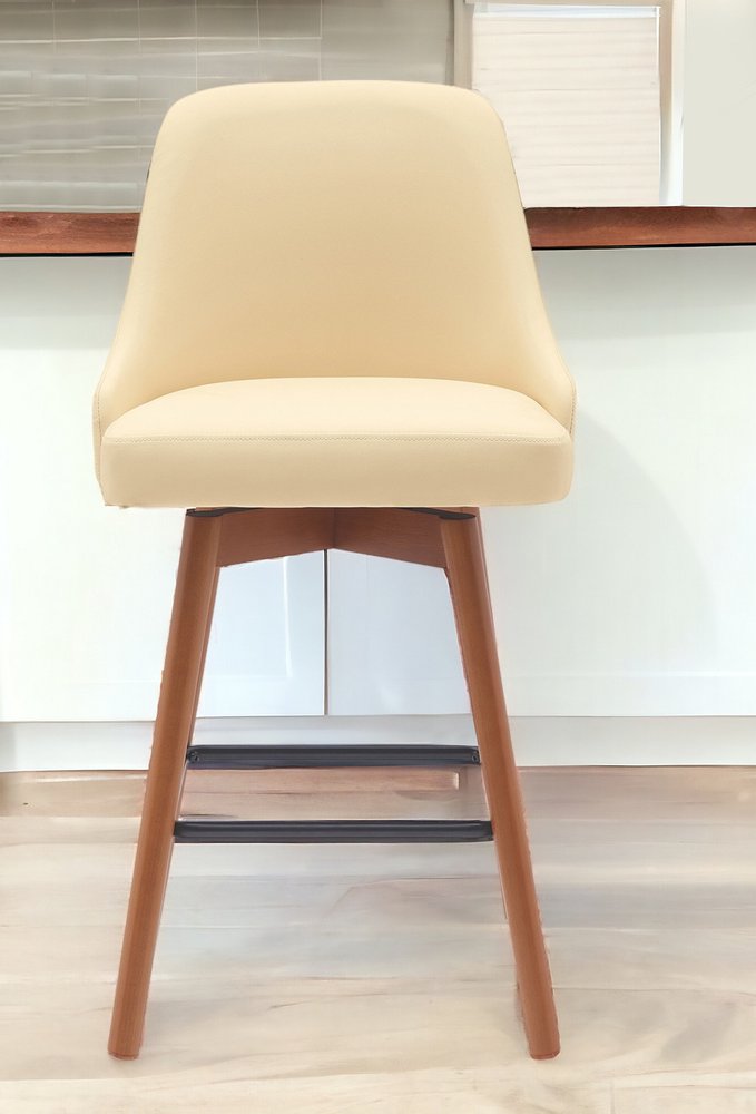 26" Cream and Wood Brown Faux Leather with Solid Wood Swivel Counter Height Bar Chair