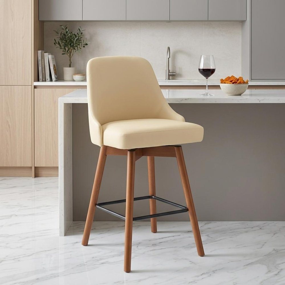 26" Cream and Wood Brown Faux Leather with Solid Wood Swivel Counter Height Bar Chair