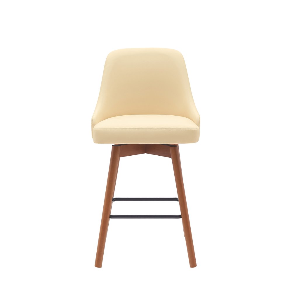 26" Cream and Wood Brown Faux Leather with Solid Wood Swivel Counter Height Bar Chair
