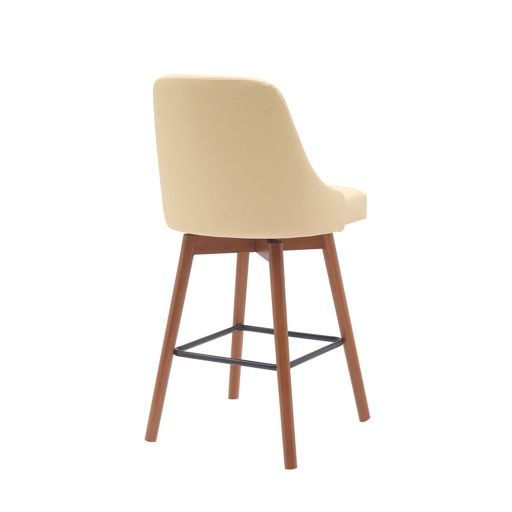 26" Cream and Wood Brown Faux Leather with Solid Wood Swivel Counter Height Bar Chair