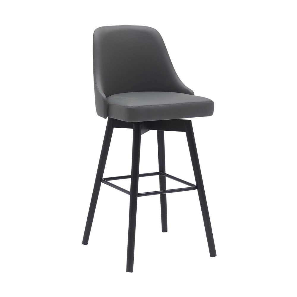 30" Gray And Black Faux Leather And Fabric And Solid Wood Bar Height Swivel Bar Chair