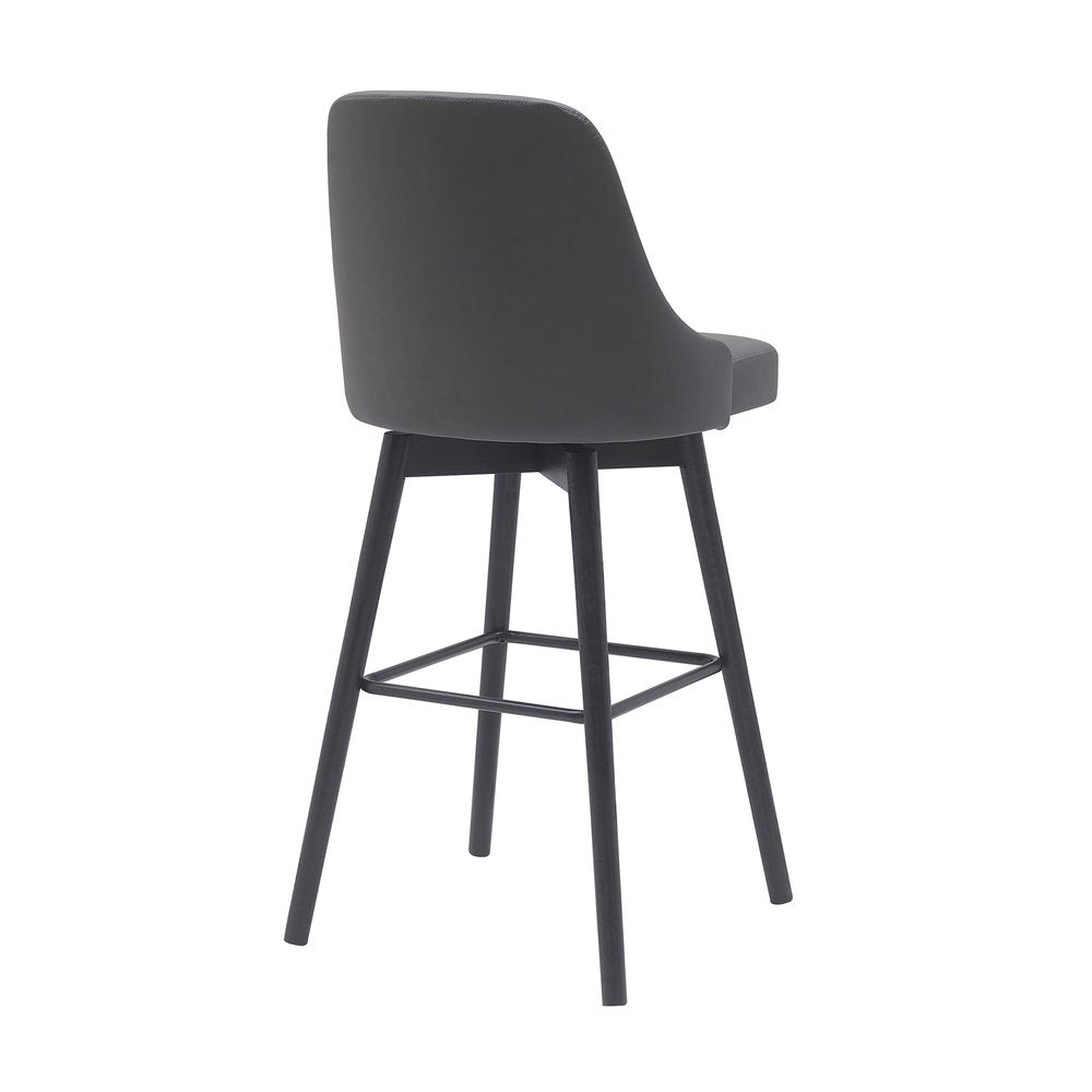 30" Gray And Black Faux Leather And Fabric And Solid Wood Bar Height Swivel Bar Chair