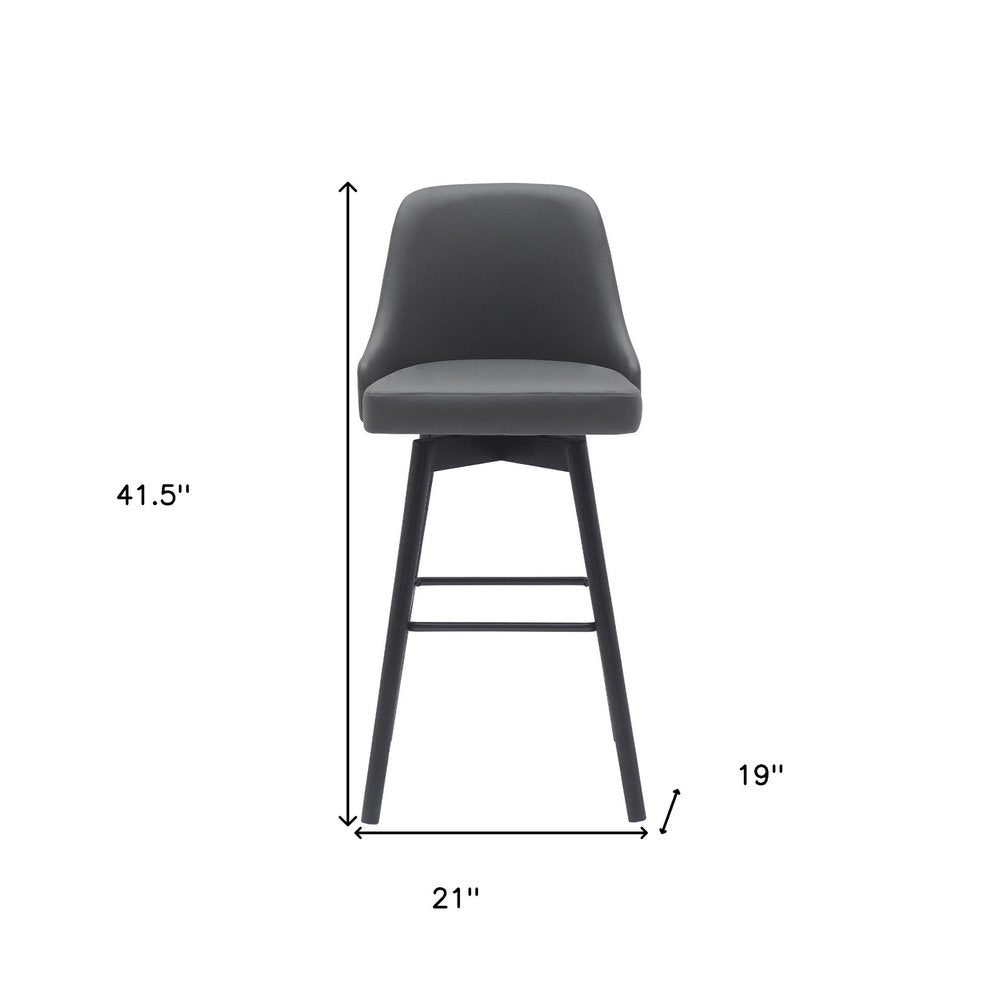 30" Gray And Black Faux Leather And Fabric And Solid Wood Bar Height Swivel Bar Chair