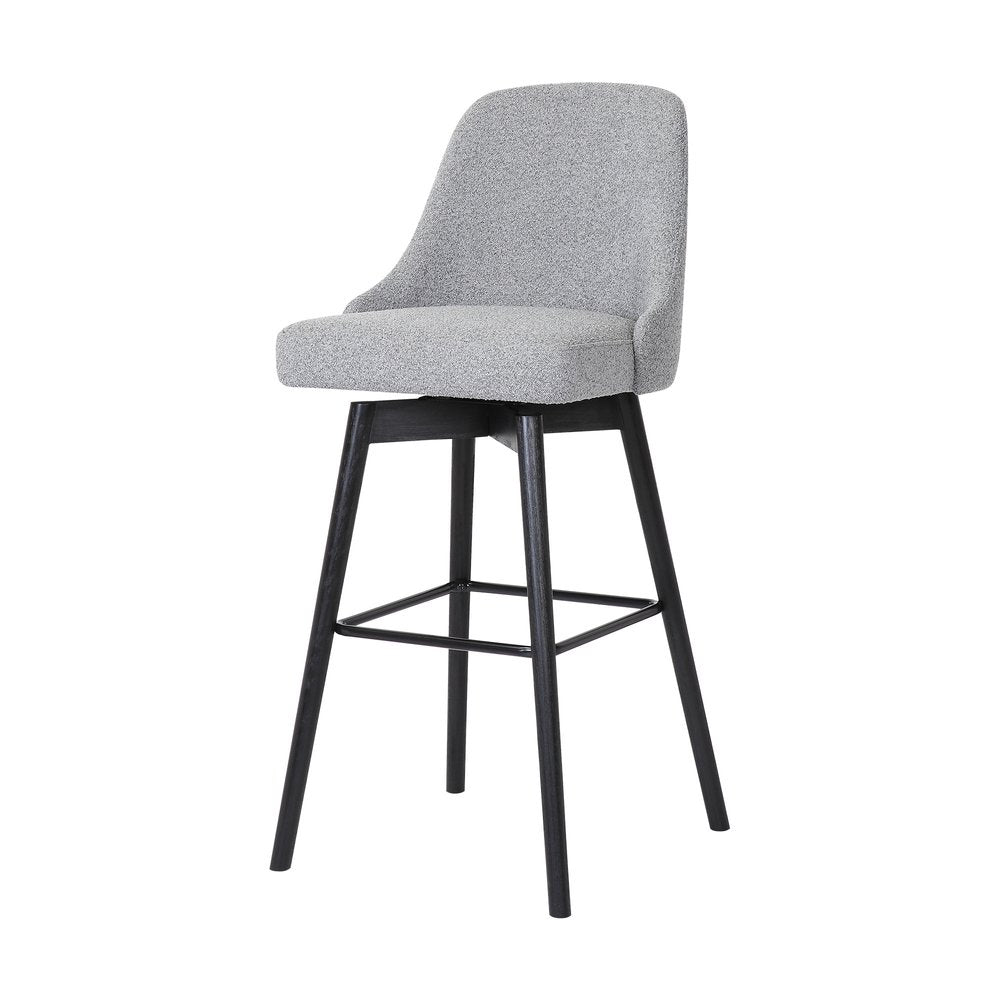 30" Light Gray And Black Fabric And Solid Wood Bar Height Swivel Bar Chair