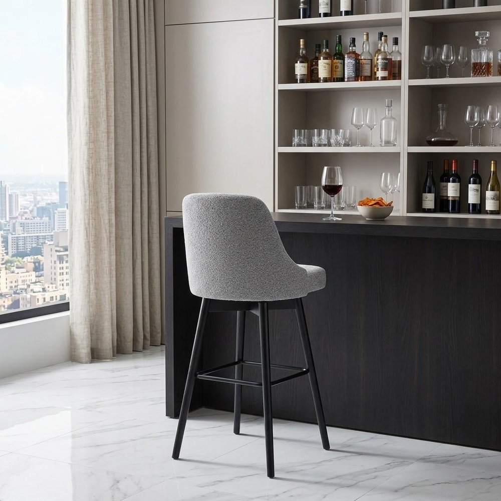 30" Light Gray And Black Fabric And Solid Wood Bar Height Swivel Bar Chair