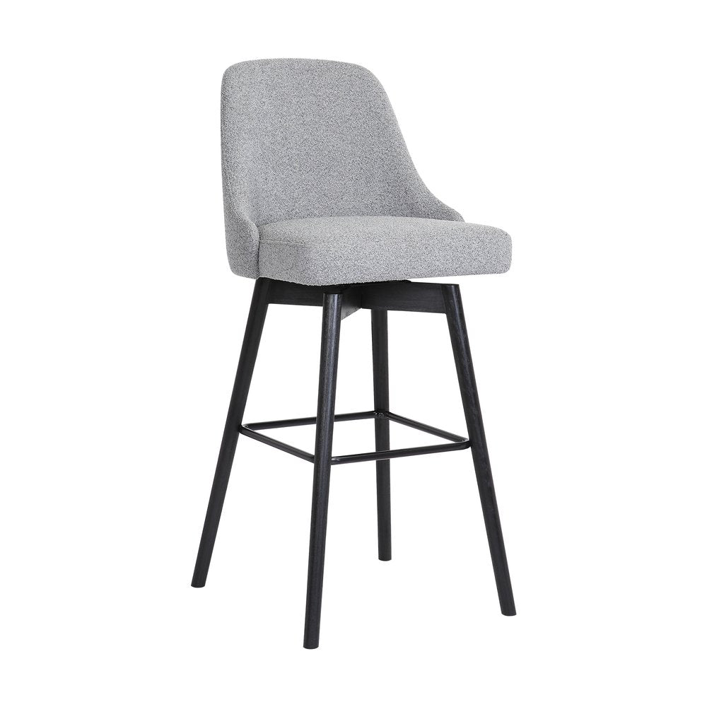 30" Light Gray And Black Fabric And Solid Wood Bar Height Swivel Bar Chair