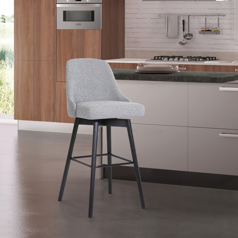 30" Light Gray And Black Fabric And Solid Wood Bar Height Swivel Bar Chair
