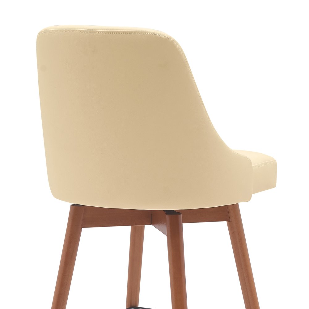 30" Cream and Wood Brown Faux Leather with Solid Wood Swivel Bar Height Bar Chair