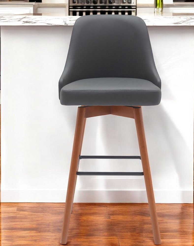 30" Gray and Wood Brown Faux Leather with Solid Wood Swivel Bar Height Bar Chair