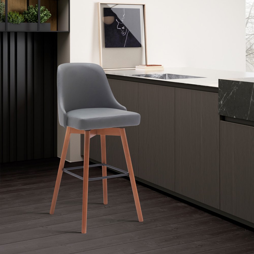 30" Gray And Brown Faux Leather And Fabric And Solid Wood Bar Height Swivel Bar Chair