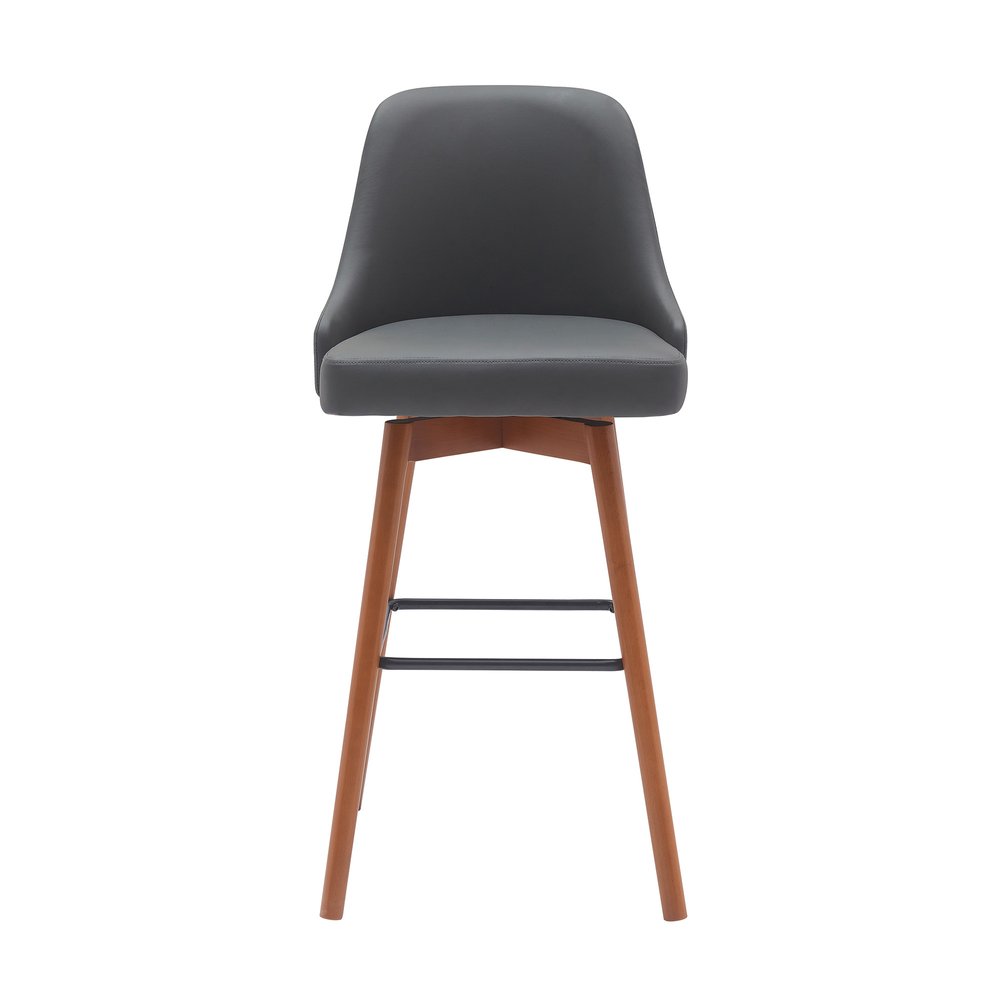 30" Gray And Brown Faux Leather And Fabric And Solid Wood Bar Height Swivel Bar Chair
