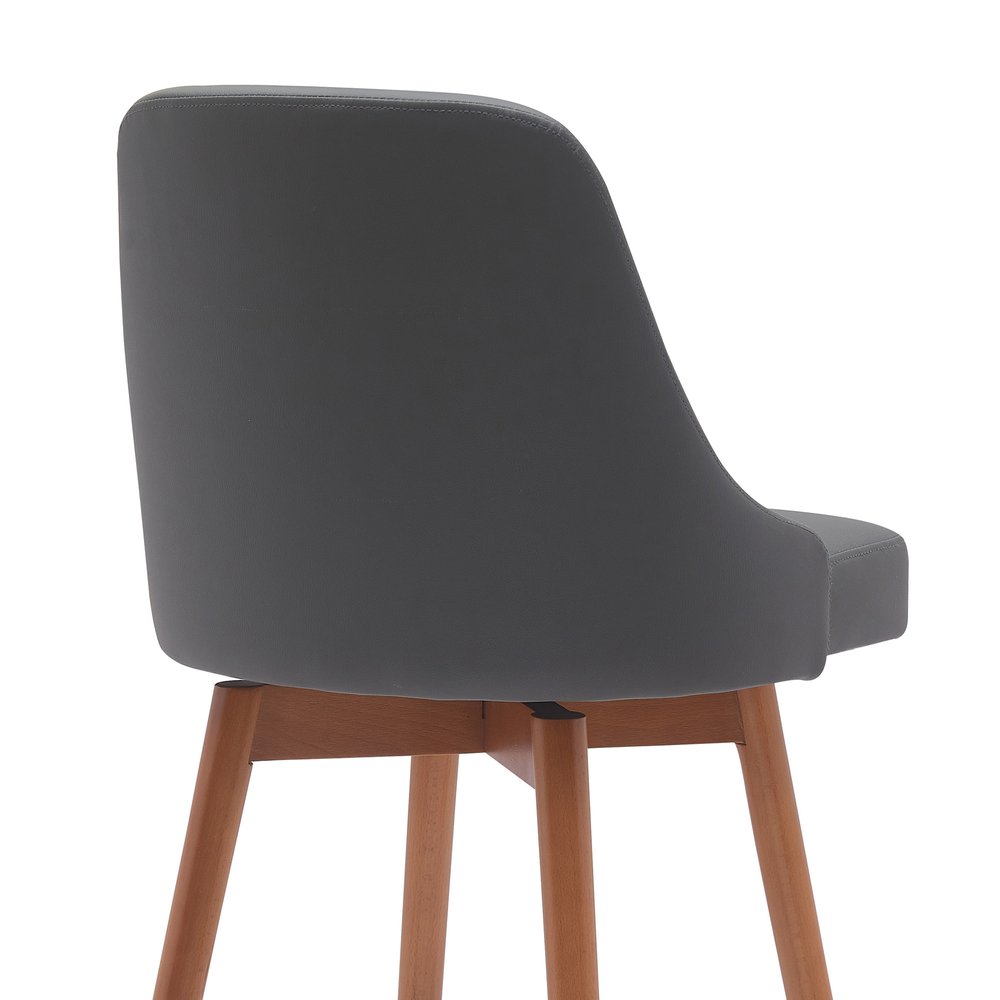 30" Gray And Brown Faux Leather And Fabric And Solid Wood Bar Height Swivel Bar Chair