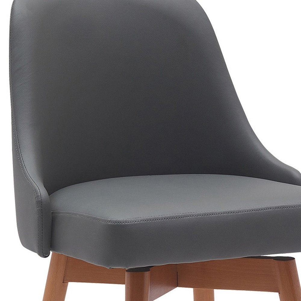 30" Gray And Brown Faux Leather And Fabric And Solid Wood Bar Height Swivel Bar Chair