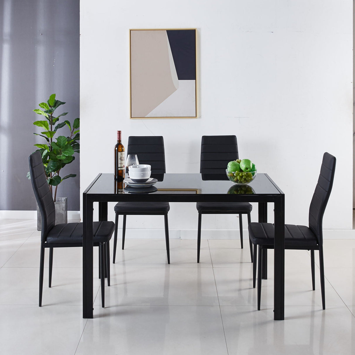 5 Pieces Dining Set, Table Metal Leg Mid-Century Dining Table For 4 - 6 People With Glass Table Top, Pedestal Dining Table, End Table Leisure Coffee Table - Black by Couch.com