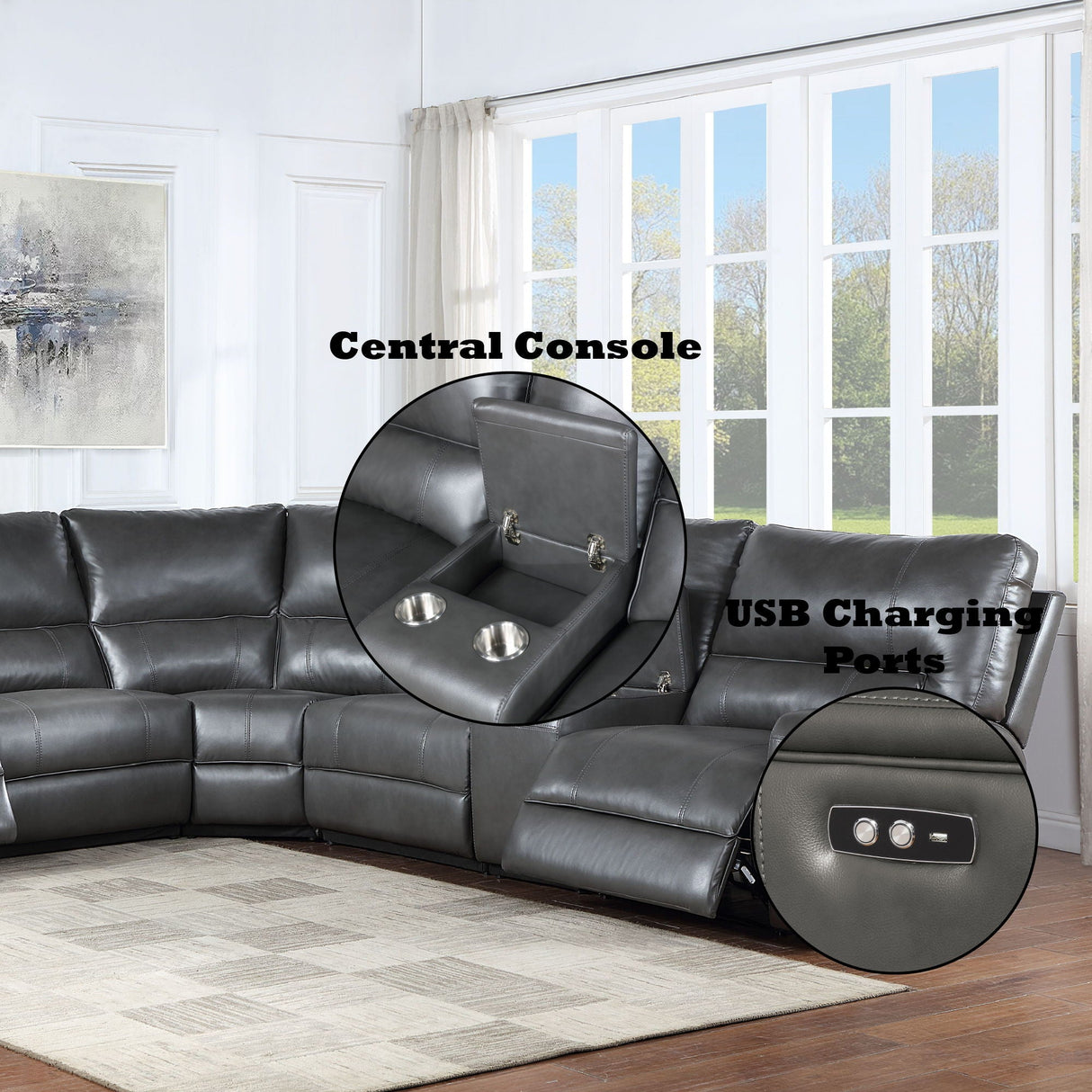 Saul - Power Recliner Sectional Sofa With USB Port Cupholder Console by Couch.com