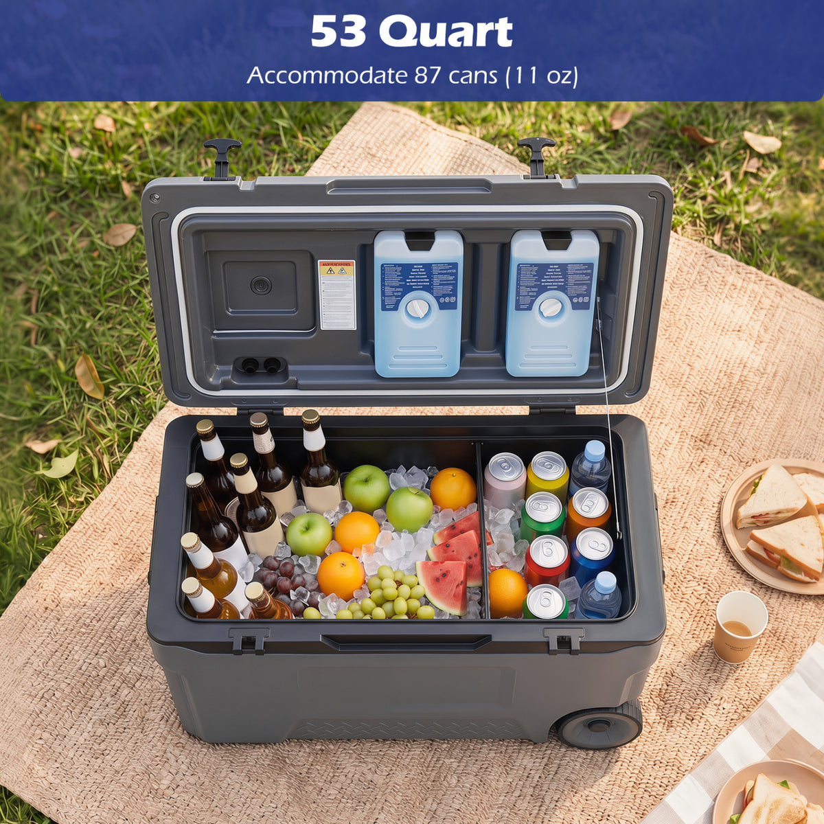 53 Quart Portable Rolling Cooler with Fish Ruler for Outdoor-Gray