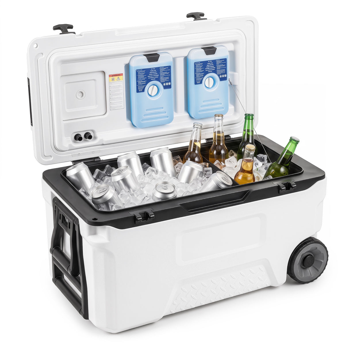 53 Quart Portable Rolling Cooler with Fish Ruler for Outdoor-White