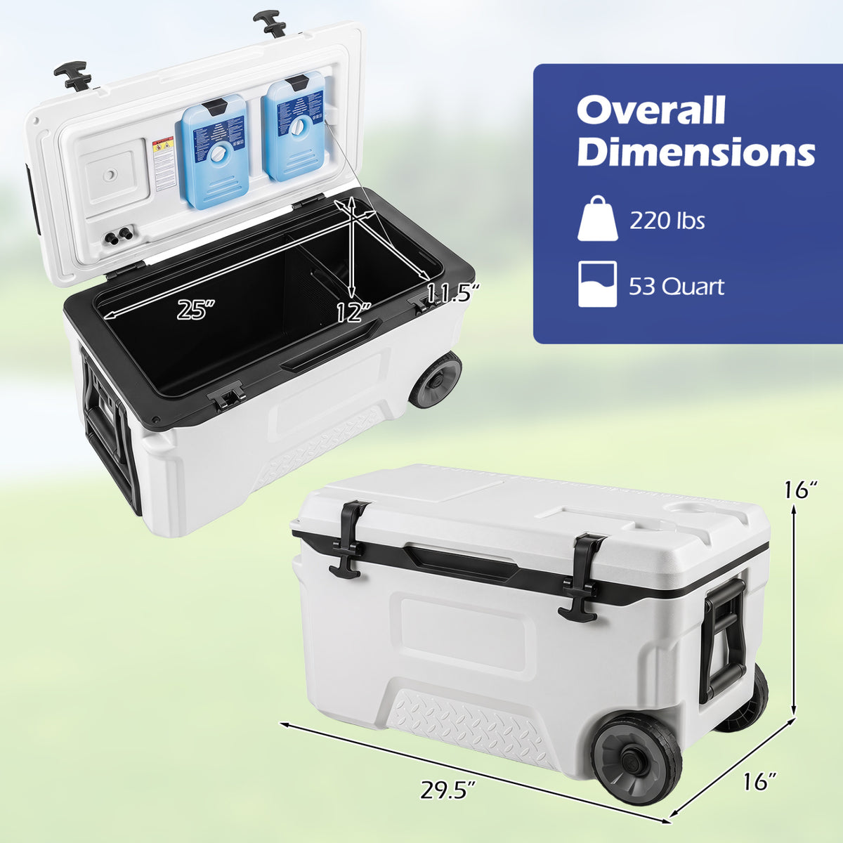 53 Quart Portable Rolling Cooler with Fish Ruler for Outdoor-White