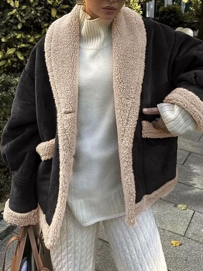 Fuzzy Collared Neck Long Sleeve Jacket with Buttoned Closure and Cozy Pockets