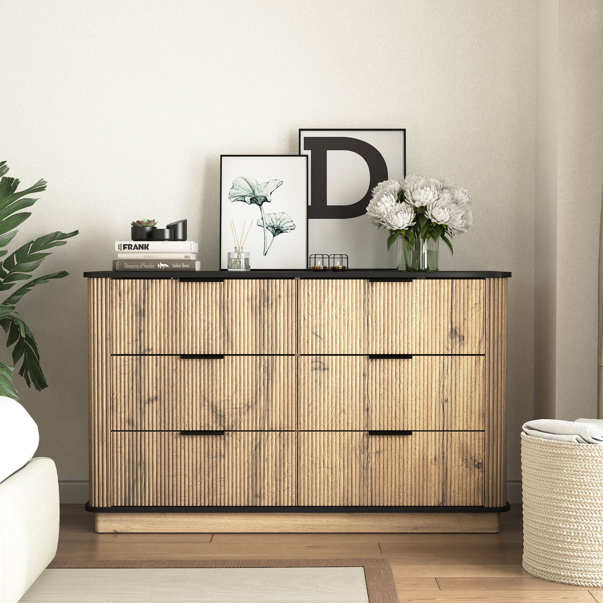 Modern 6 Drawer Cabinet With Metal Rounded Corners And Exquisite Handles Multi Functional Storage - Natural Wood by Couch.com