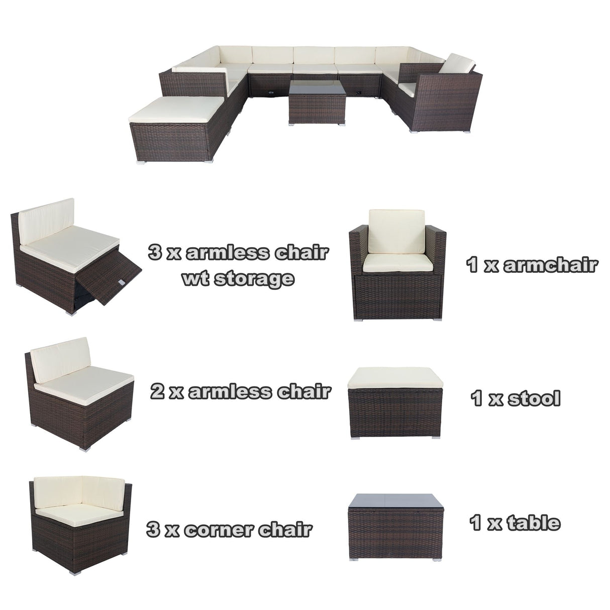 11 Piece Patio Wicker Conversation Set, 10 Seater Patio Sectional Set With 3 Storage Box Under Seat - Brown / White by Couch.com