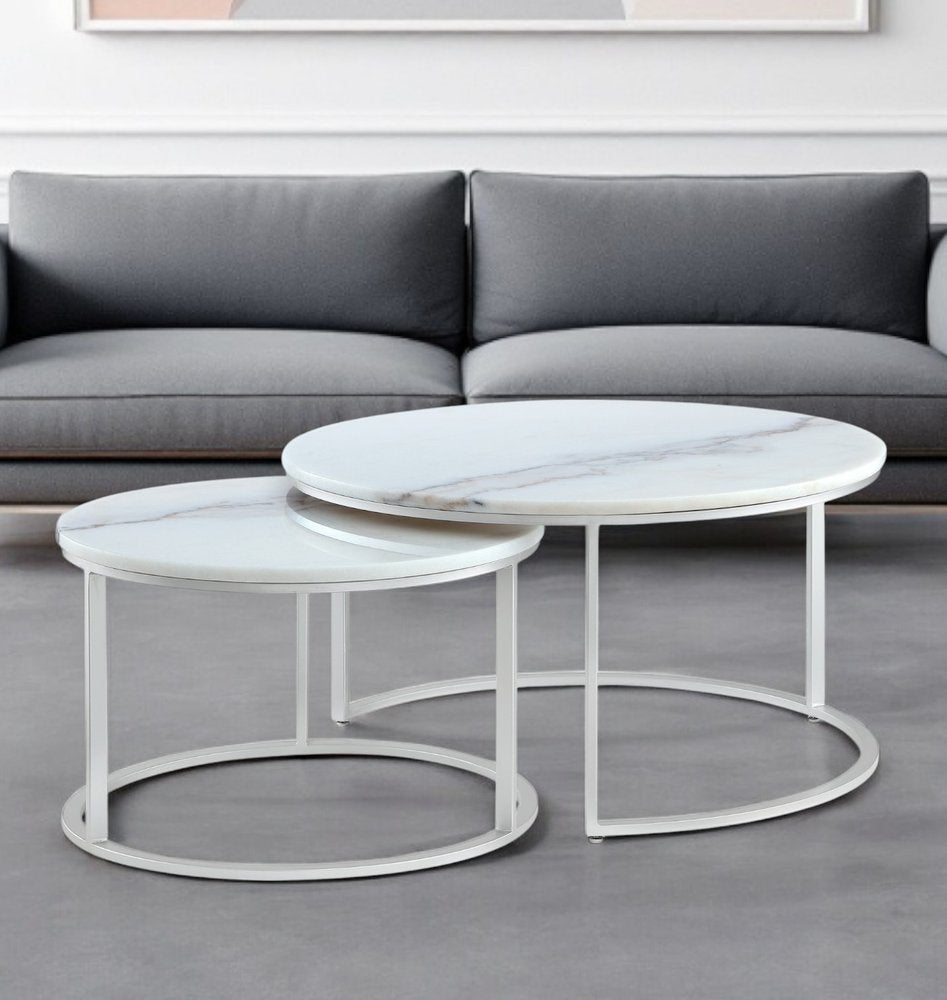Set of Two 31" White And Silver Genuine Marble And Iron Round Nested Coffee Tables