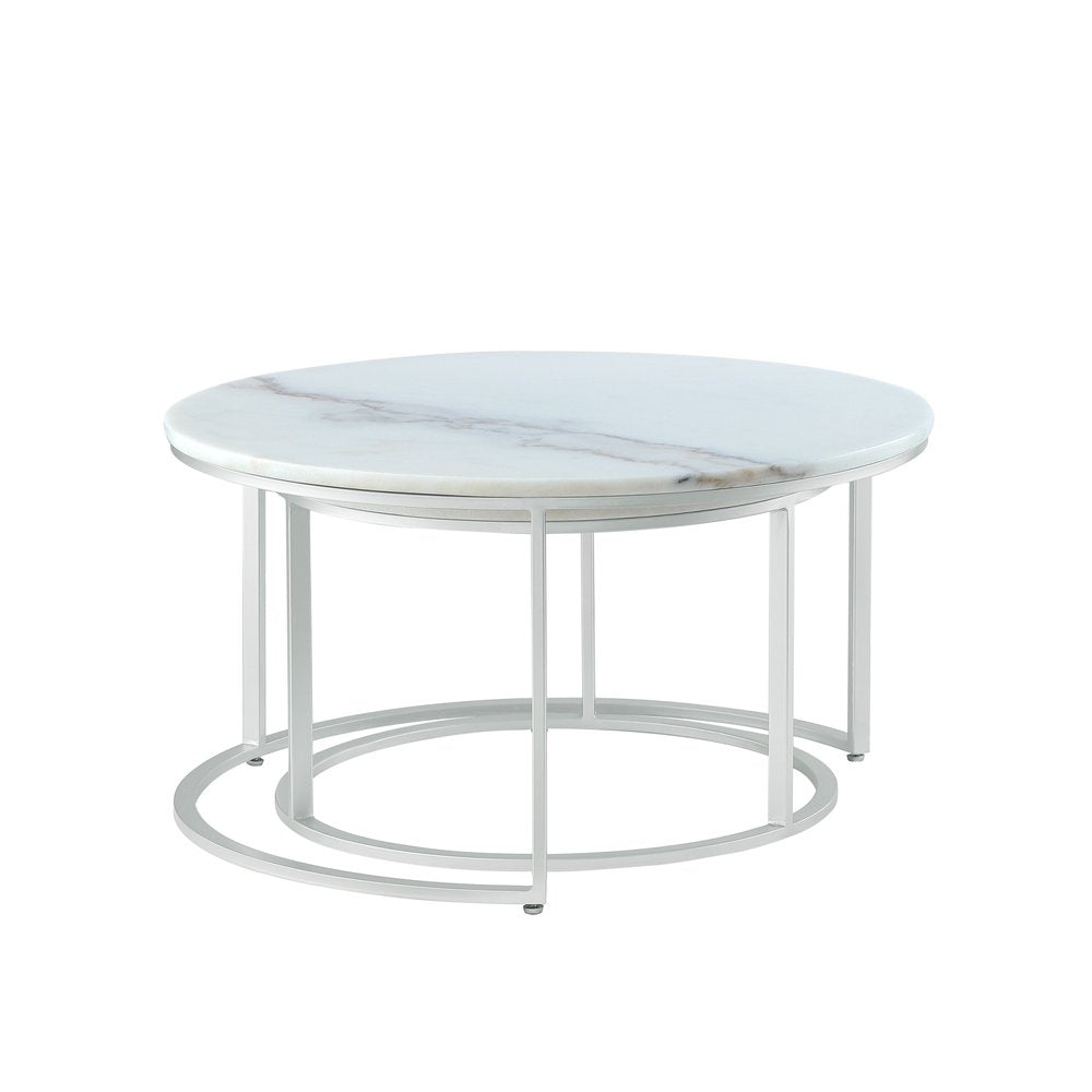 Set of Two 31" White And Silver Genuine Marble And Iron Round Nested Coffee Tables
