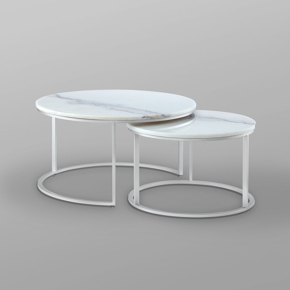 Set of Two 31" White And Silver Genuine Marble And Iron Round Nested Coffee Tables