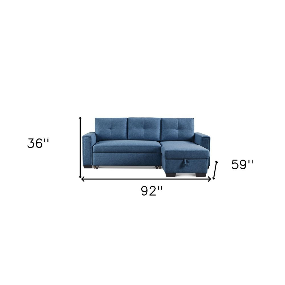 92" Blue Polyester Blend Convertible Futon Sleeper Sofa With Black Legs