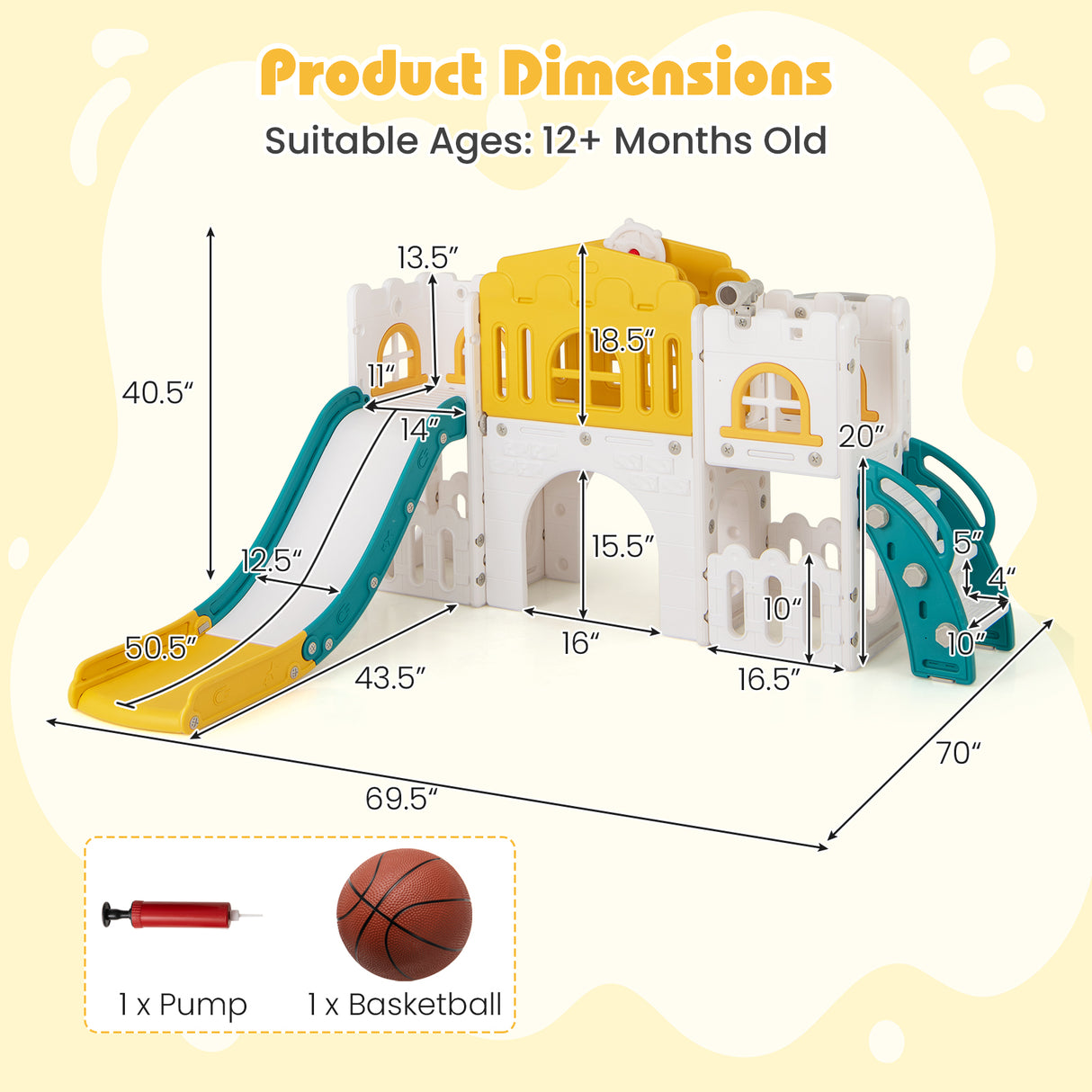 All-in-1 Toddler Slide Playset Playground with Tunnel and Ladder and Basketball-Yellow