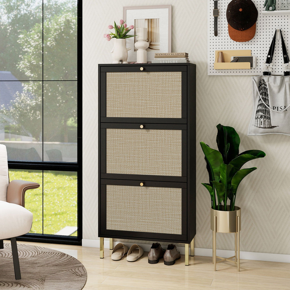 Modern Rattan 3 Door Shoe Rack Cabinet For Entryway by Couch.com