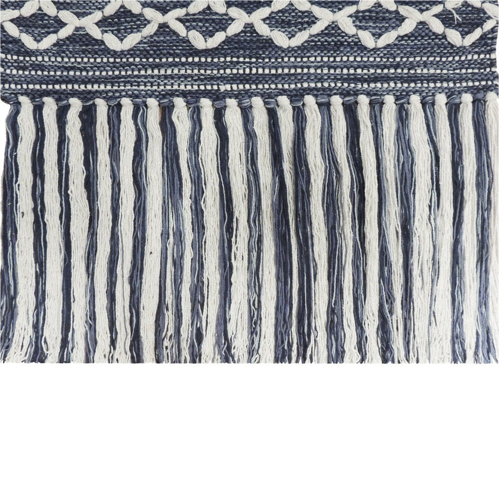 26" X 51" Denim Blue And White Geometric Cotton Macrame Hanging Tapestry