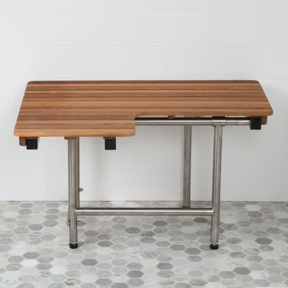 30" Brown Wall Mount Teak Rectangular Shower Bench With Legs