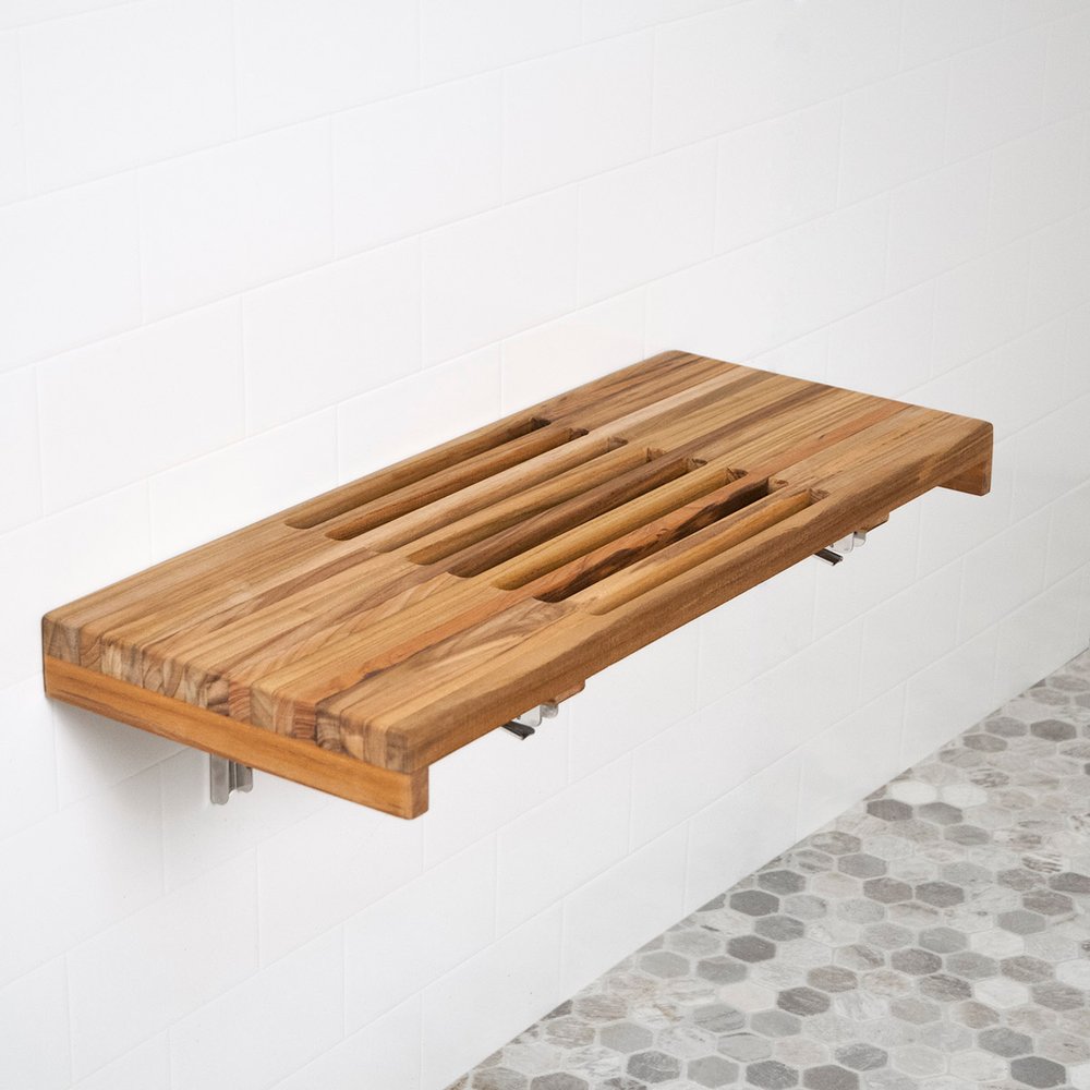 30" Brown Wall Mount Teak Rectangular Shower Bench