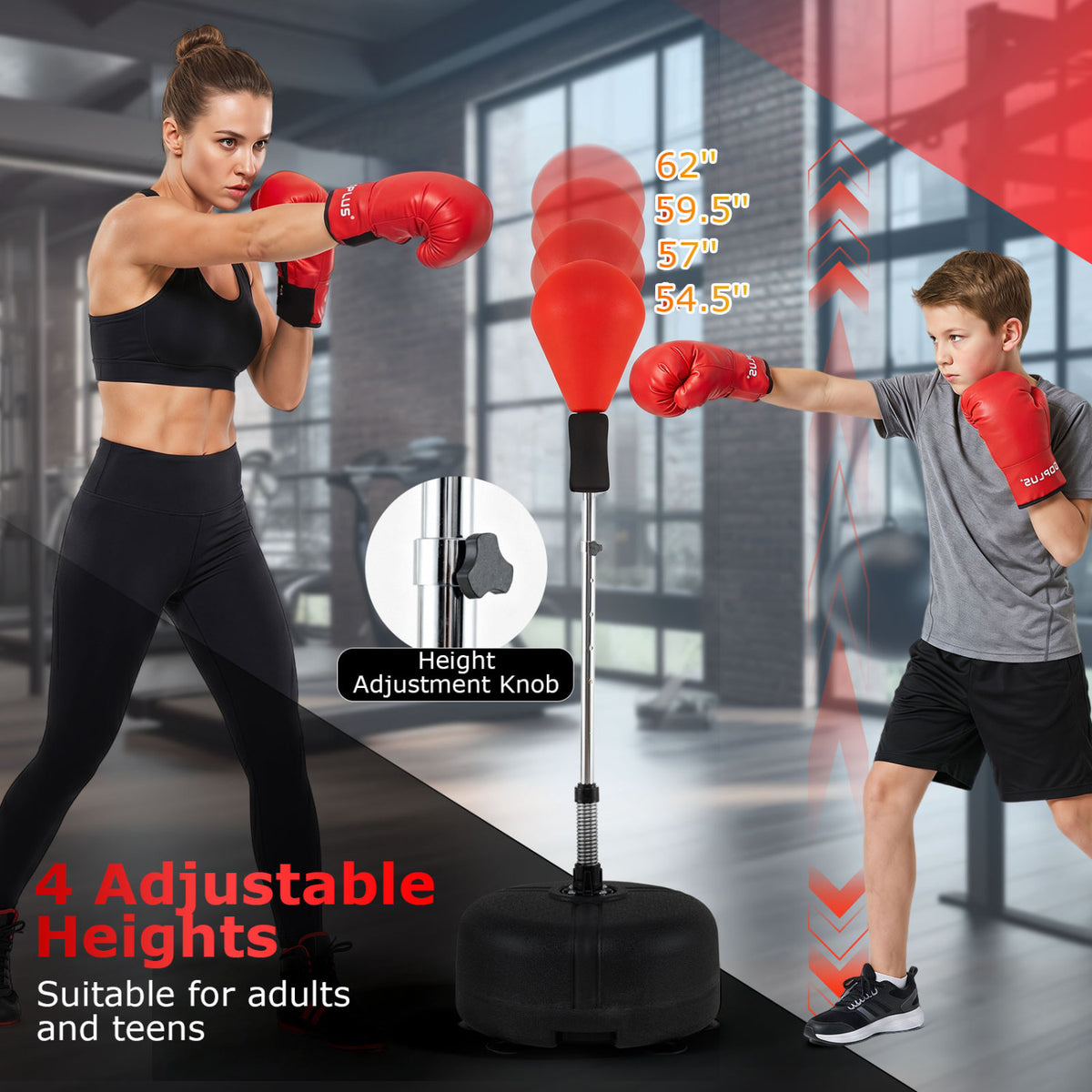 54.5"-62" Height Adjustable FPunching Bag with Stand for Teens and Adults-Red