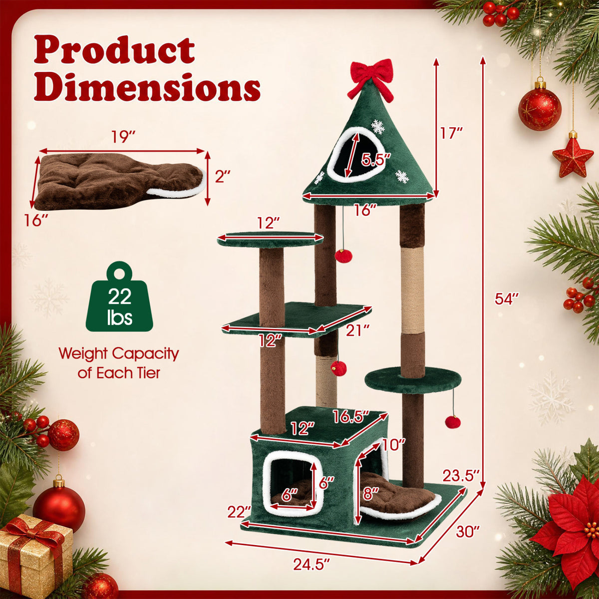 54"Christmas Cat Tree with 2 Condos and Removable Cushion-Green