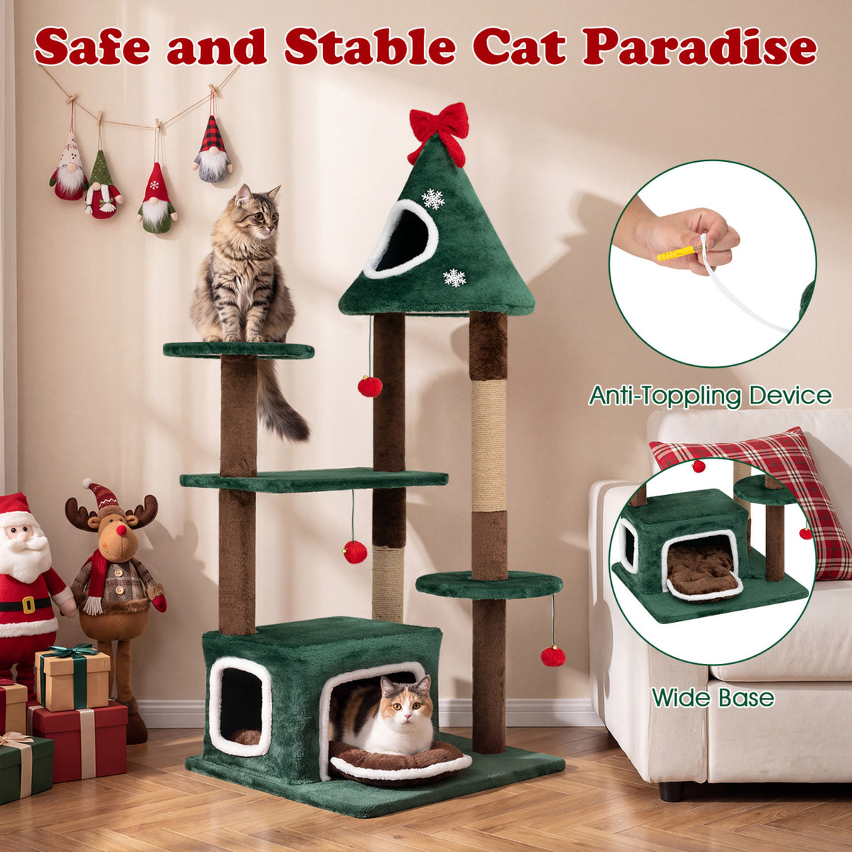 54"Christmas Cat Tree with 2 Condos and Removable Cushion-Green