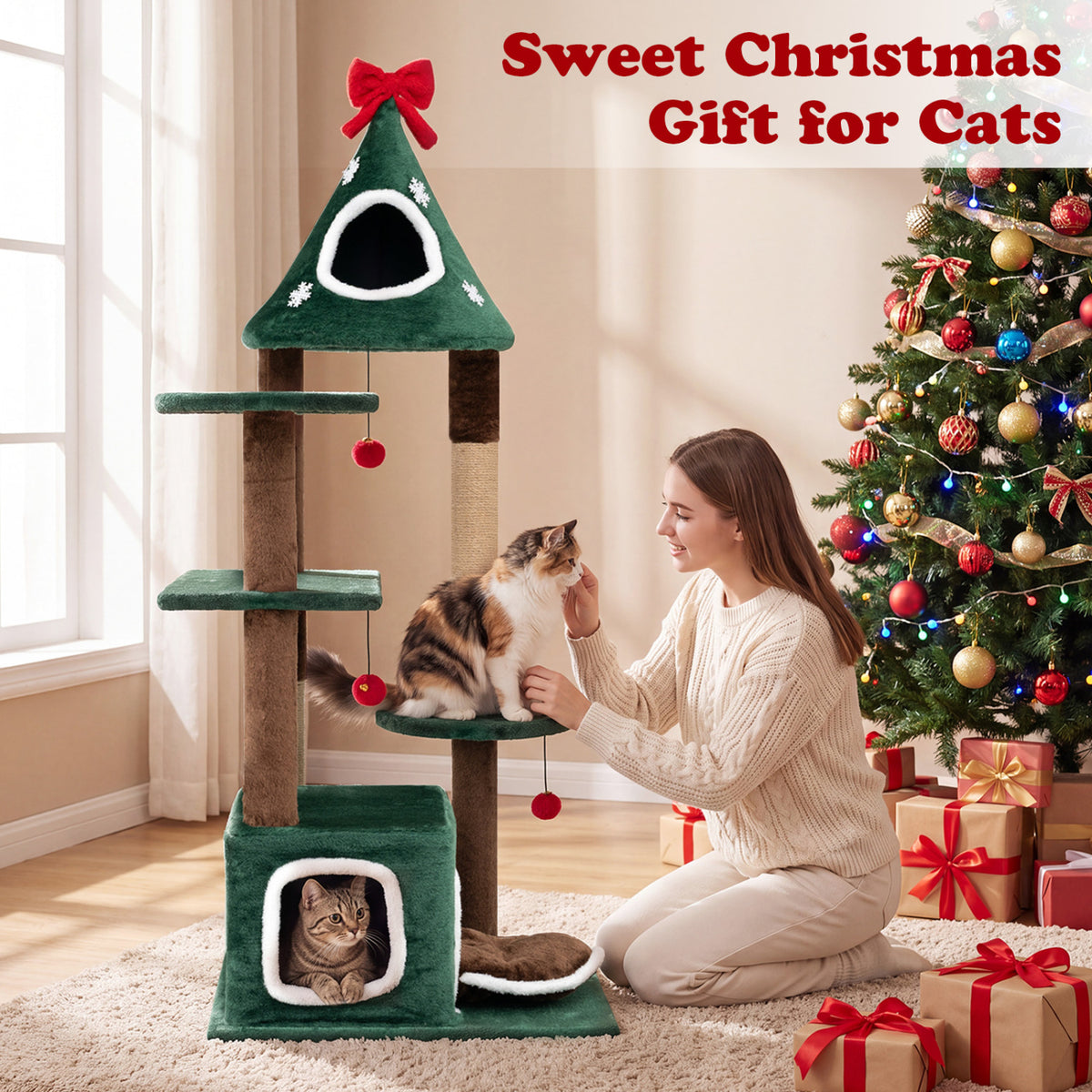 54"Christmas Cat Tree with 2 Condos and Removable Cushion-Green