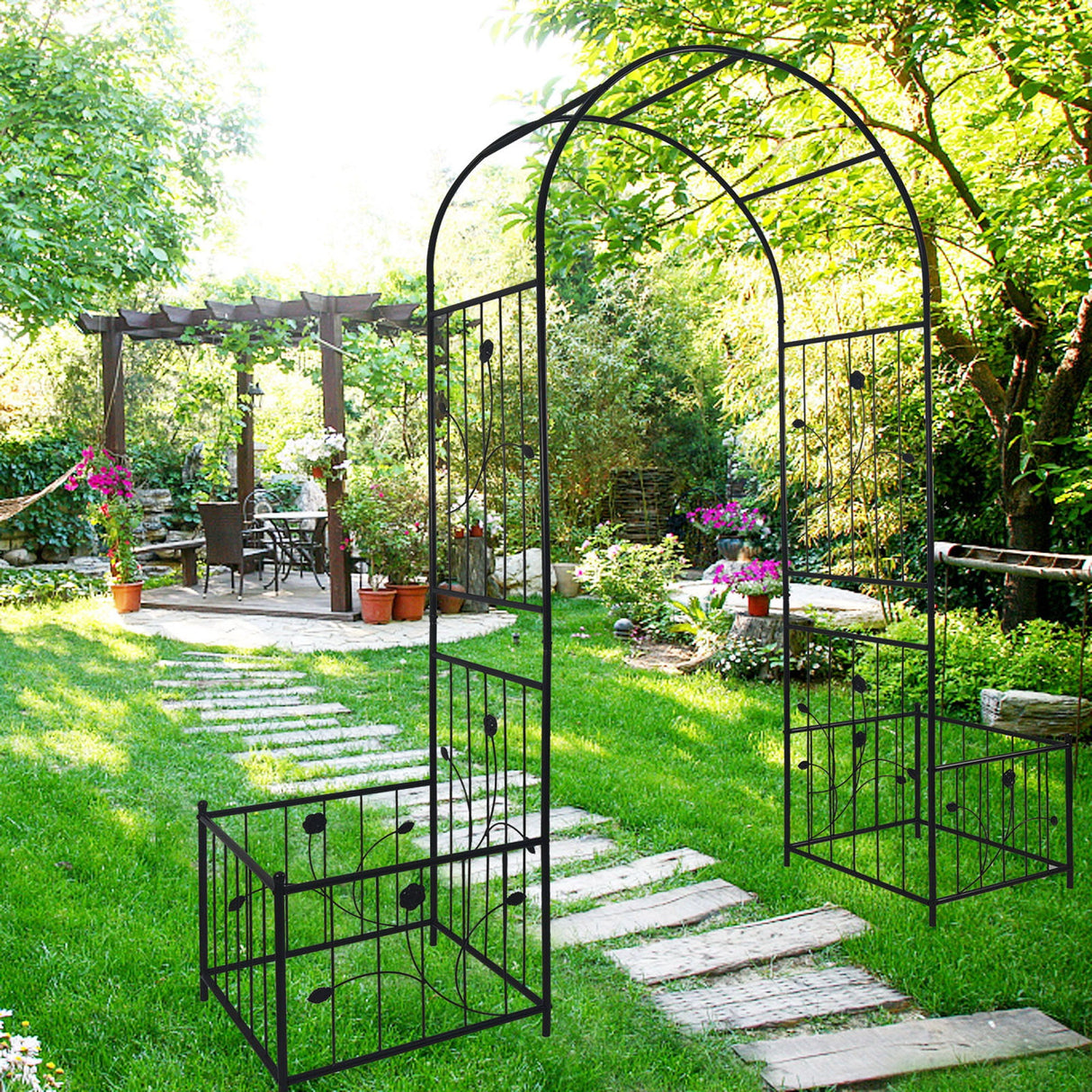 Couch.com Metal Garden Arch With Two Plant Stands Wide High Climbing Plants Support Rose Arch Outdoor Black, Iron Construction, Black Finish by Couch.com