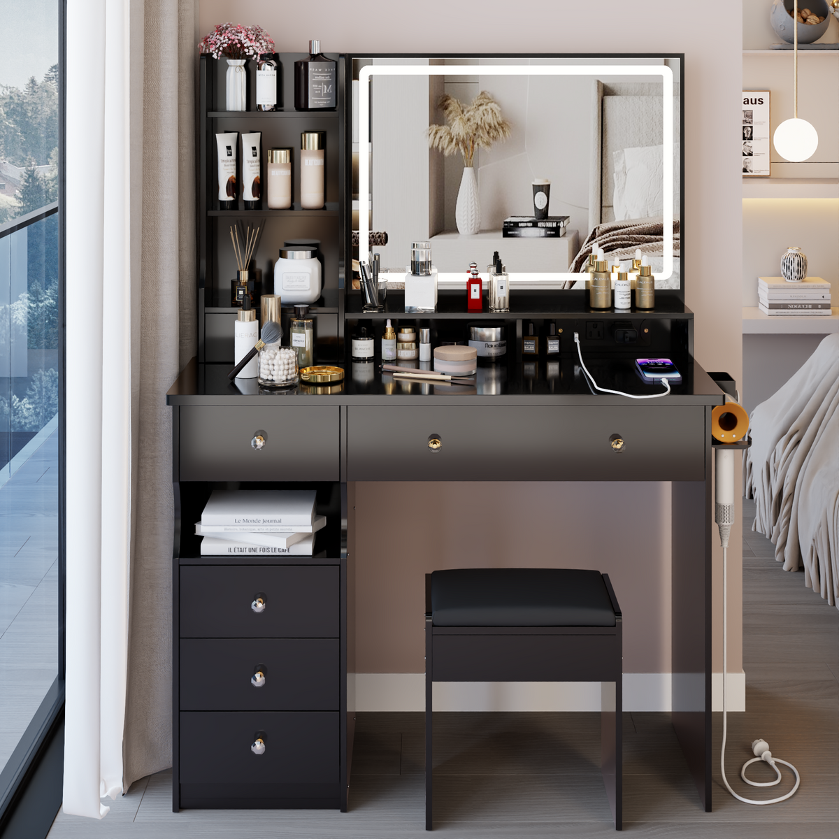 41' Large Size Left Drawer Desktop Vanity Table+Cushioned Stool Dresser Set, 2 AC+2 USB Power Station, Hair Dryer Stand, Extra Large Touch Control LED Mirror, 3-color Switch, EPA, GCC, UL Certificate