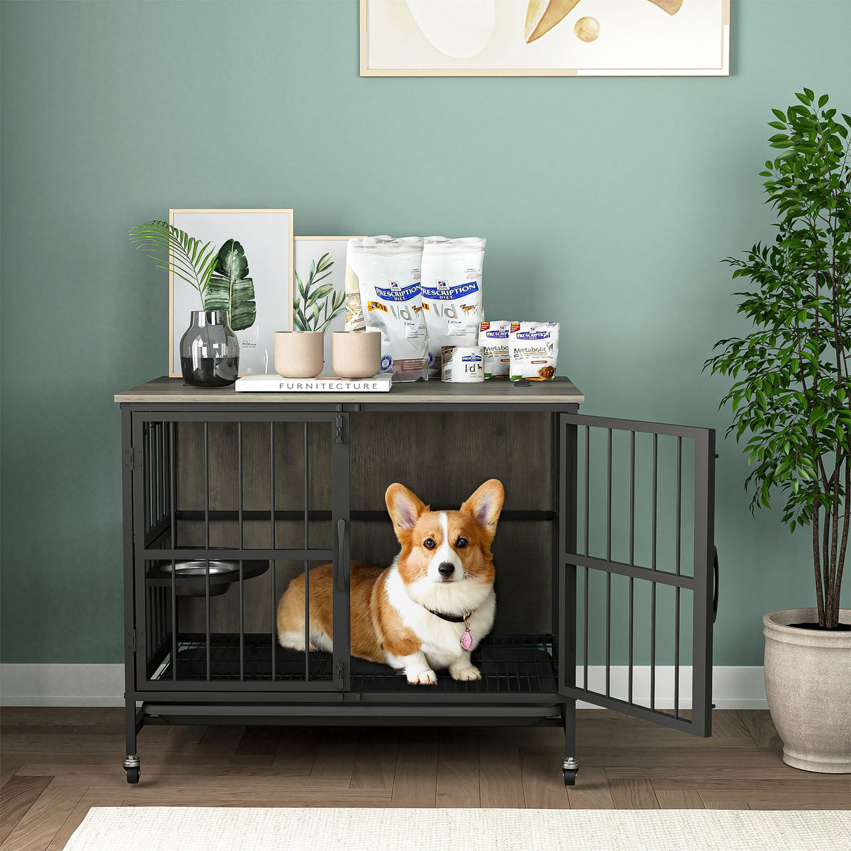 Modern Kennel Dogs Room Up To 60 Lb, Dog Crate Furniture With Multi-Purpose Rremovable Ttray, Double-Door Dog House, Lift Panel, 360 Degree Rotation, 3 Height Adjustable Feeding Bowls by Couch.com