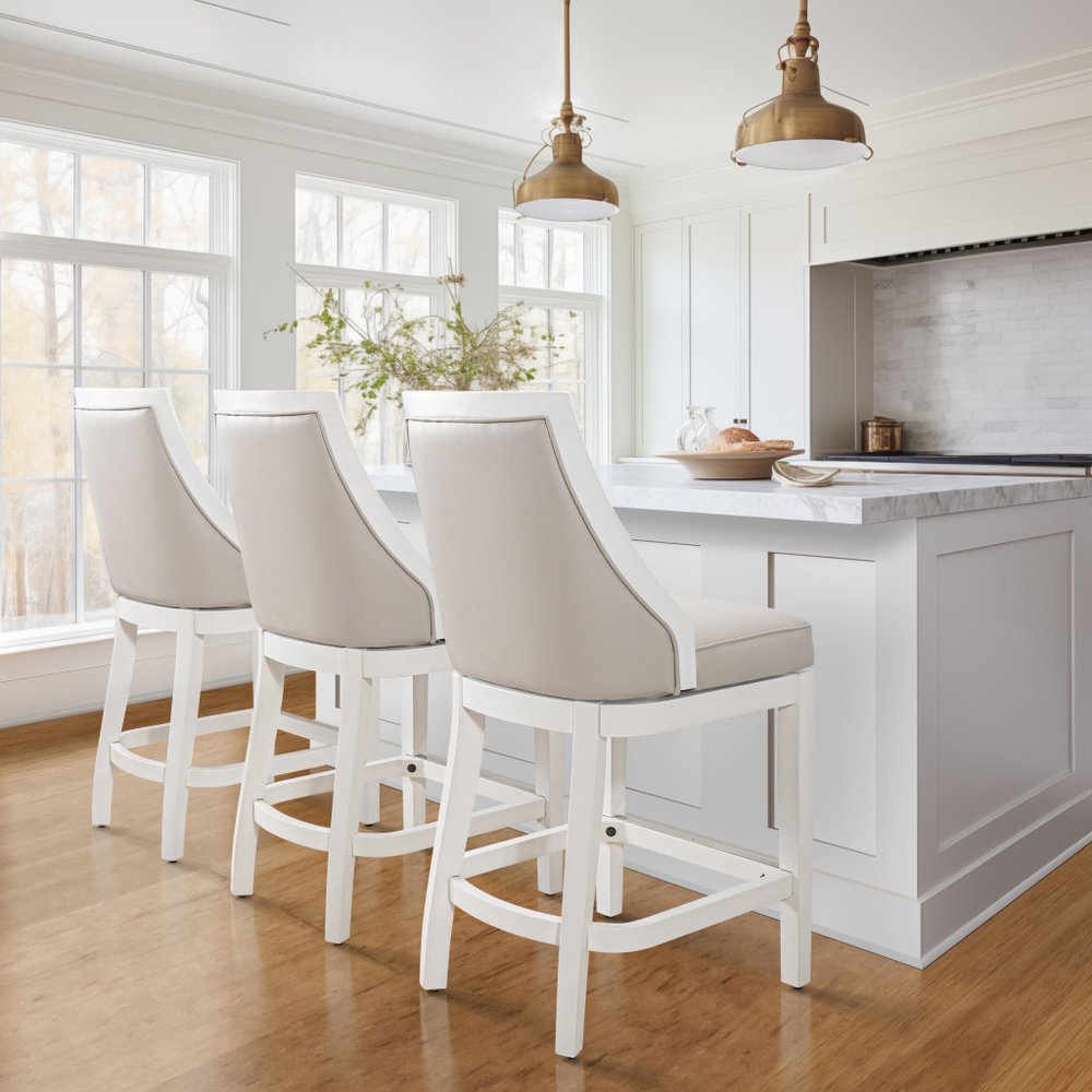 26" Gray And White Faux Leather And Solid Wood Counter Height Swivel Bar Chair