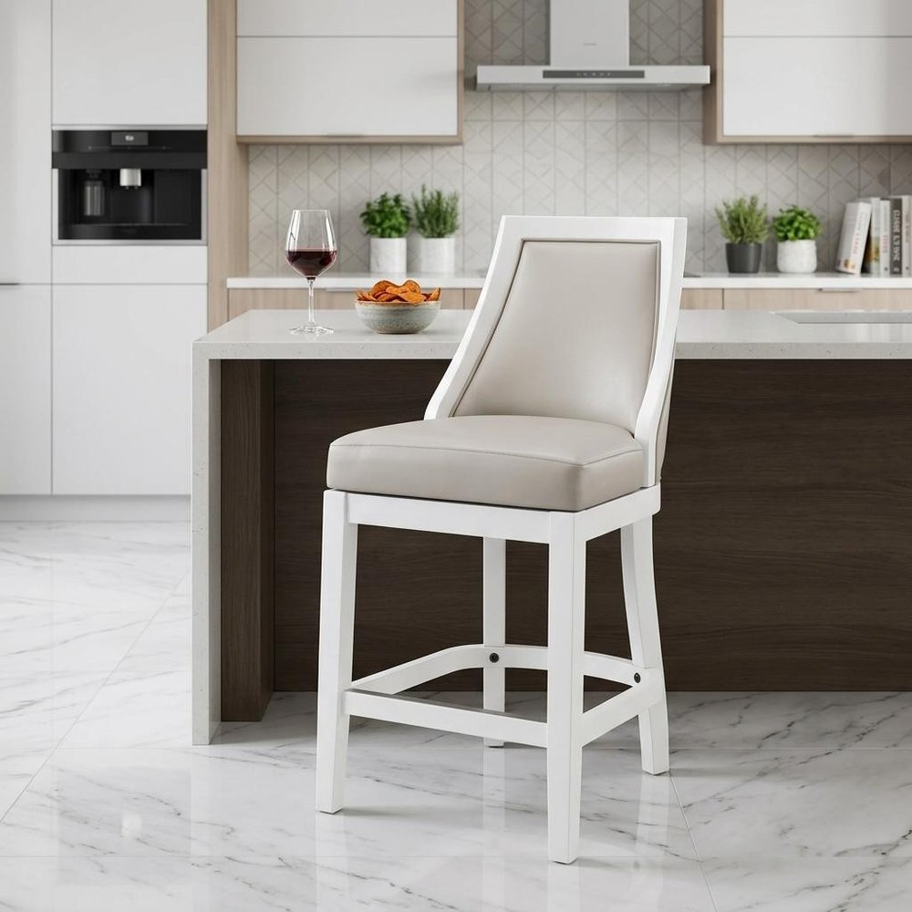 26" Gray And White Faux Leather And Solid Wood Counter Height Swivel Bar Chair