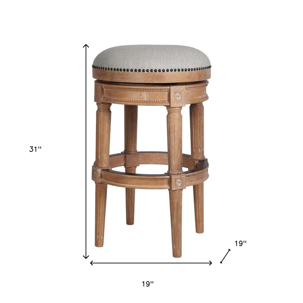 31" Beige And Natural Fabric And Solid Wood Backless Bar Height Swivel Bar Chair