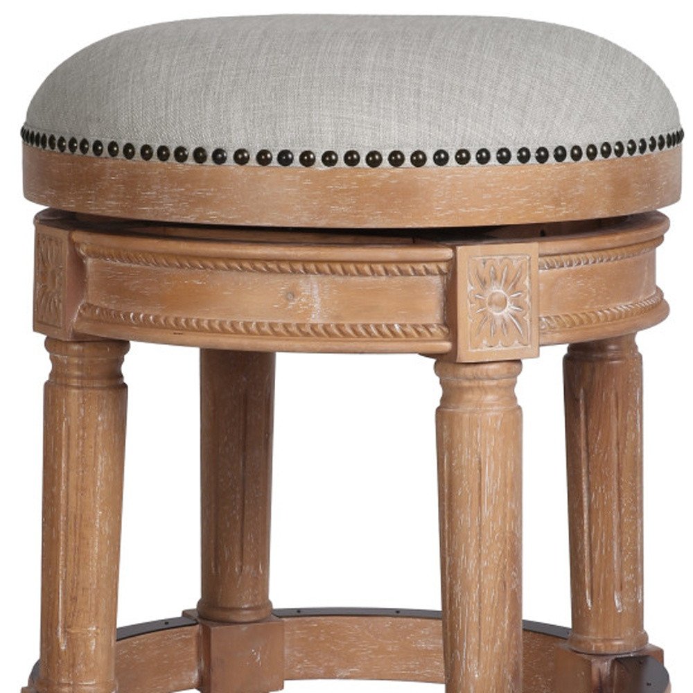 31" Beige And Natural Fabric And Solid Wood Backless Bar Height Swivel Bar Chair