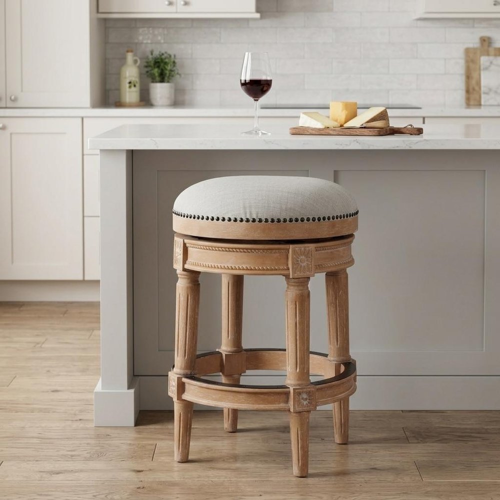 26" Beige And Natural Solid Wood Swivel Backless Counter Height Bar Chair