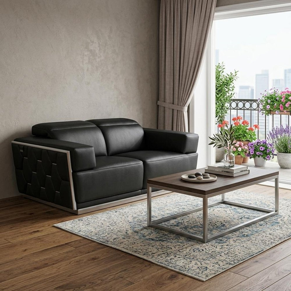 70" Black And Silver Italian Leather Loveseat