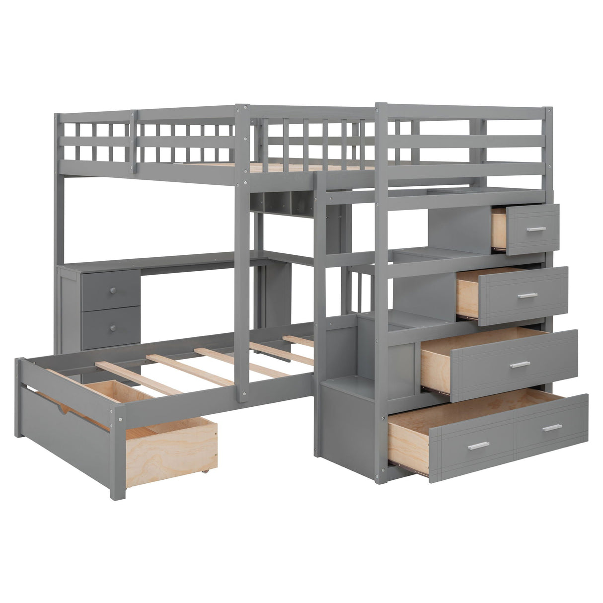 A gray L-shaped wooden frame bunk bed featuring an integrated desk, drawers, storage shelves, guardrails on the upper bunk, and an empty pull-out drawer beneath the lower bunk. Known as the Bunk Bed With Desk, Drawers And Shelves.