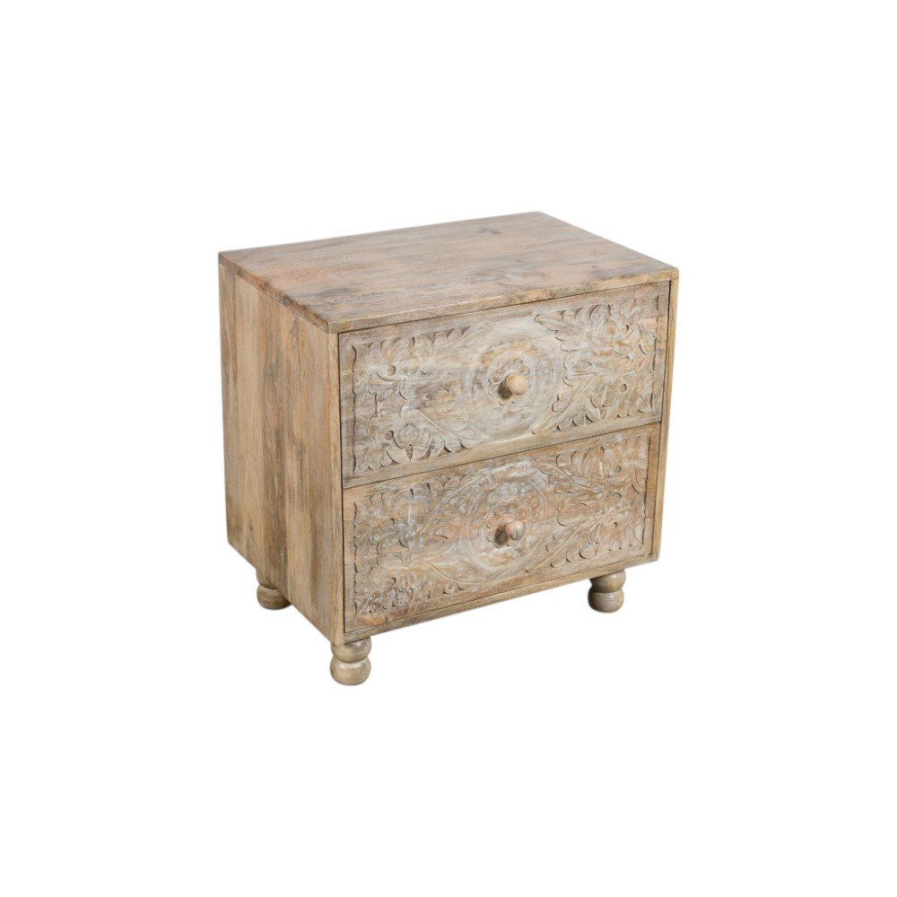 24" Natural Two Drawer Distressed Carved Floral Solid Wood Nightstand